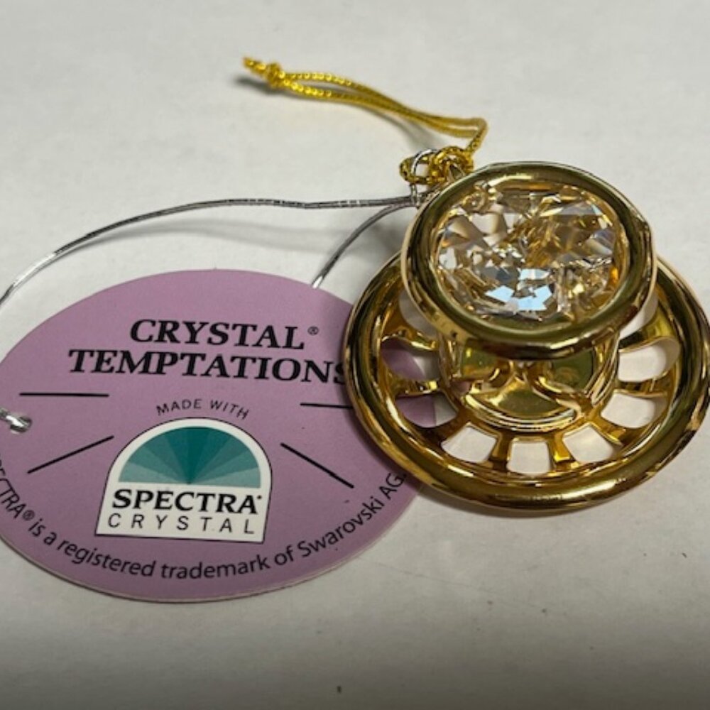 NEW Gold Tone Small Heart Tea Cup Spectra Crystal Hanging Ornament 1.25"